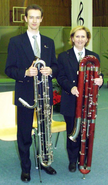 BBb contrabass clarinet and a contrabassoon being shown